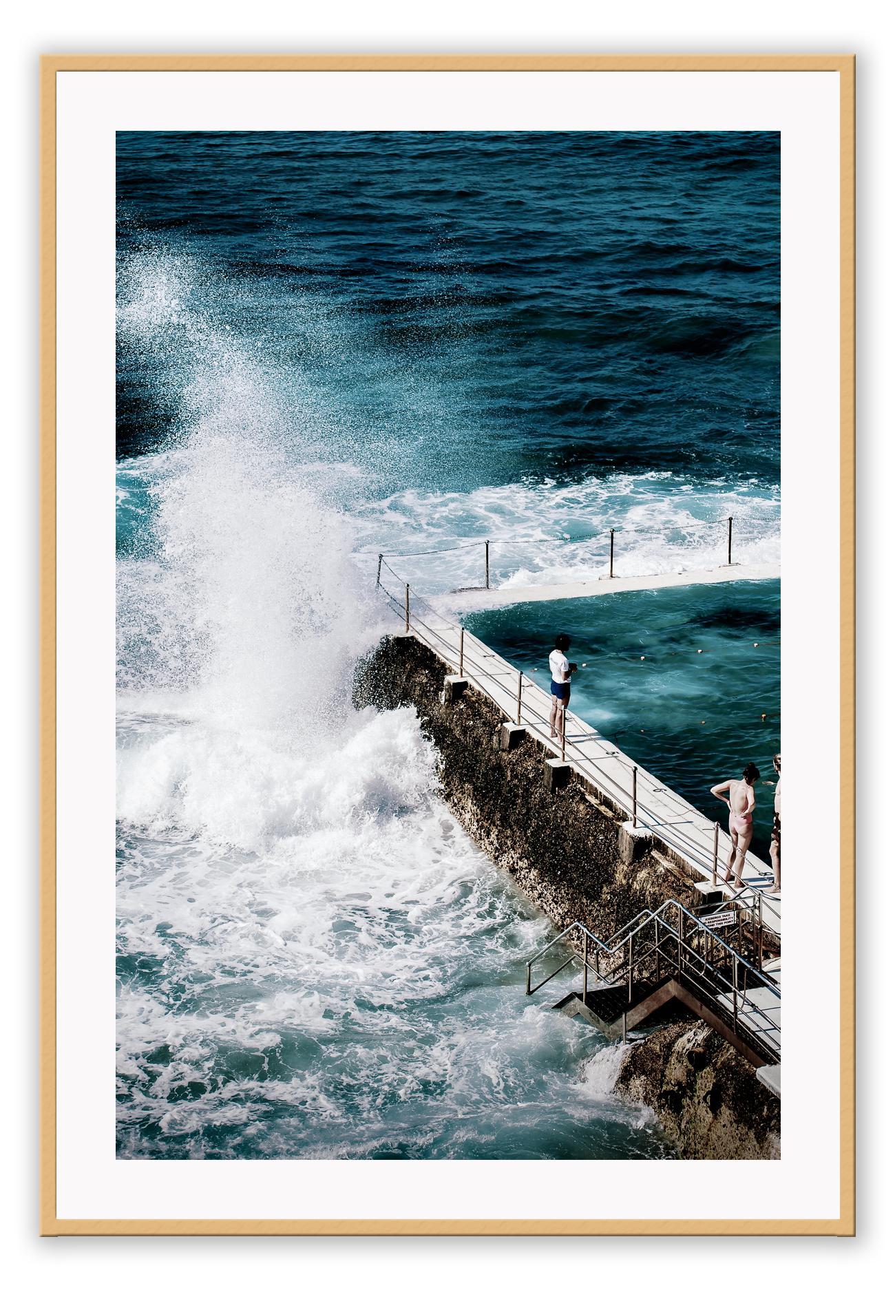 Sydney beach water ocean print with blue white wash waves splashing on pool vintage coast